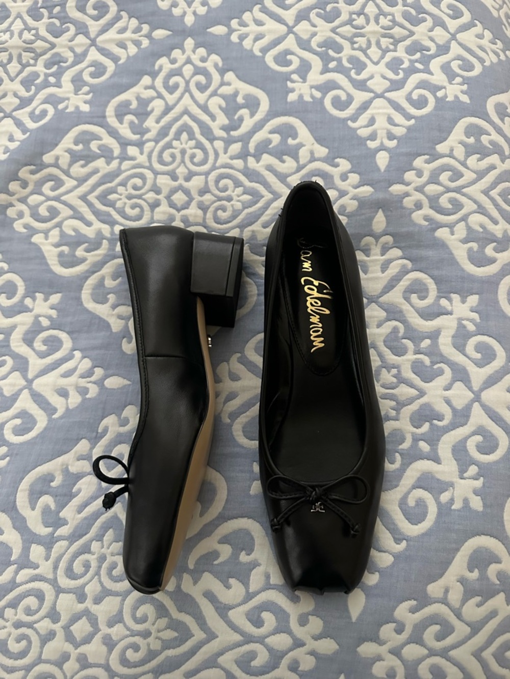 Sam Edelman Black Leather Square-Toe Ballet Flats with Bow